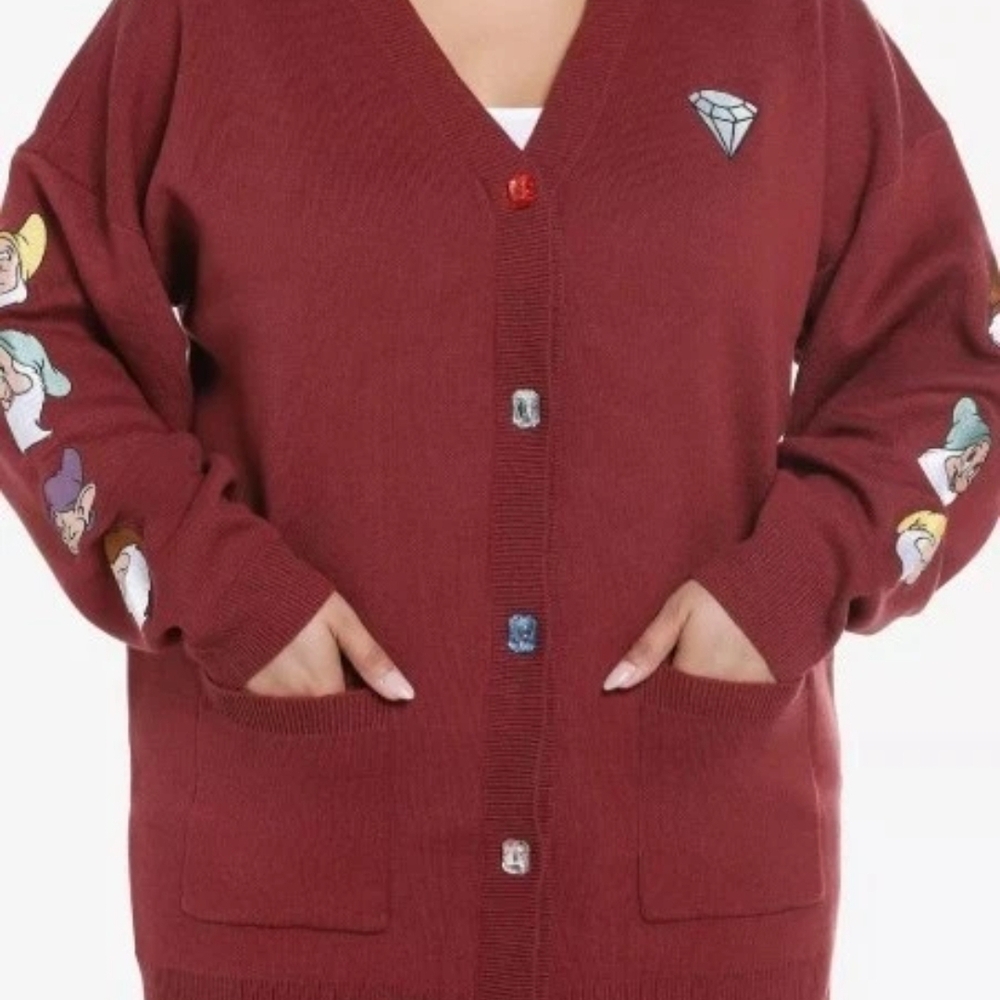 Disney Snow White Burgundy Plus Size Cardigan with Seven Dwarfs On Arms New!